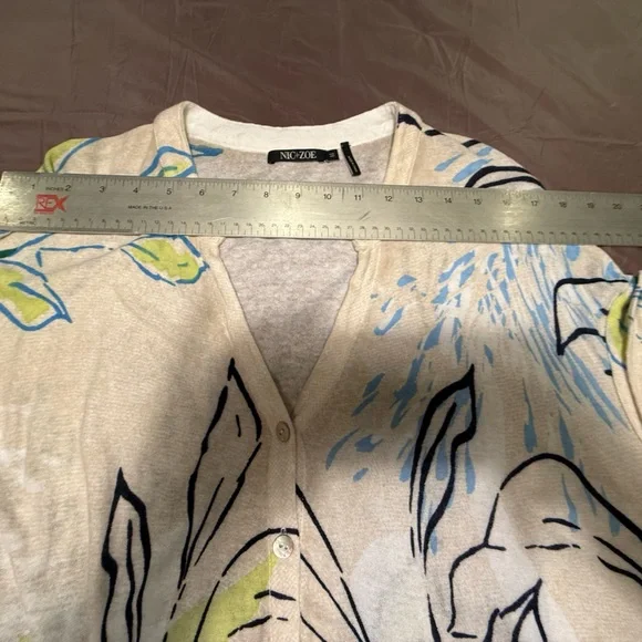 NIC+ZOE Cream/Green Waterfront Short Sleeve Button Tie Sweater Top Medium $128 - Picture 9 of 11